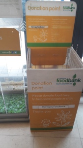 When you use a supermarket look out for foodbank collection points. At some Morrisons and Waitrose on a saturday there are often food sweeps where you buy from a list - to help people who are hungry and unable to shop.